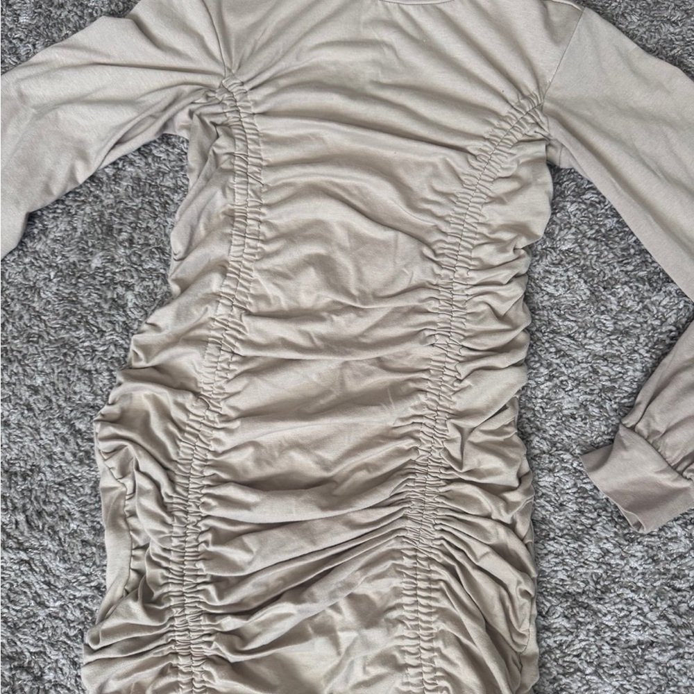 SHEIN Tan Ruched Bodycon Midi Dress with Bishop Sleeves